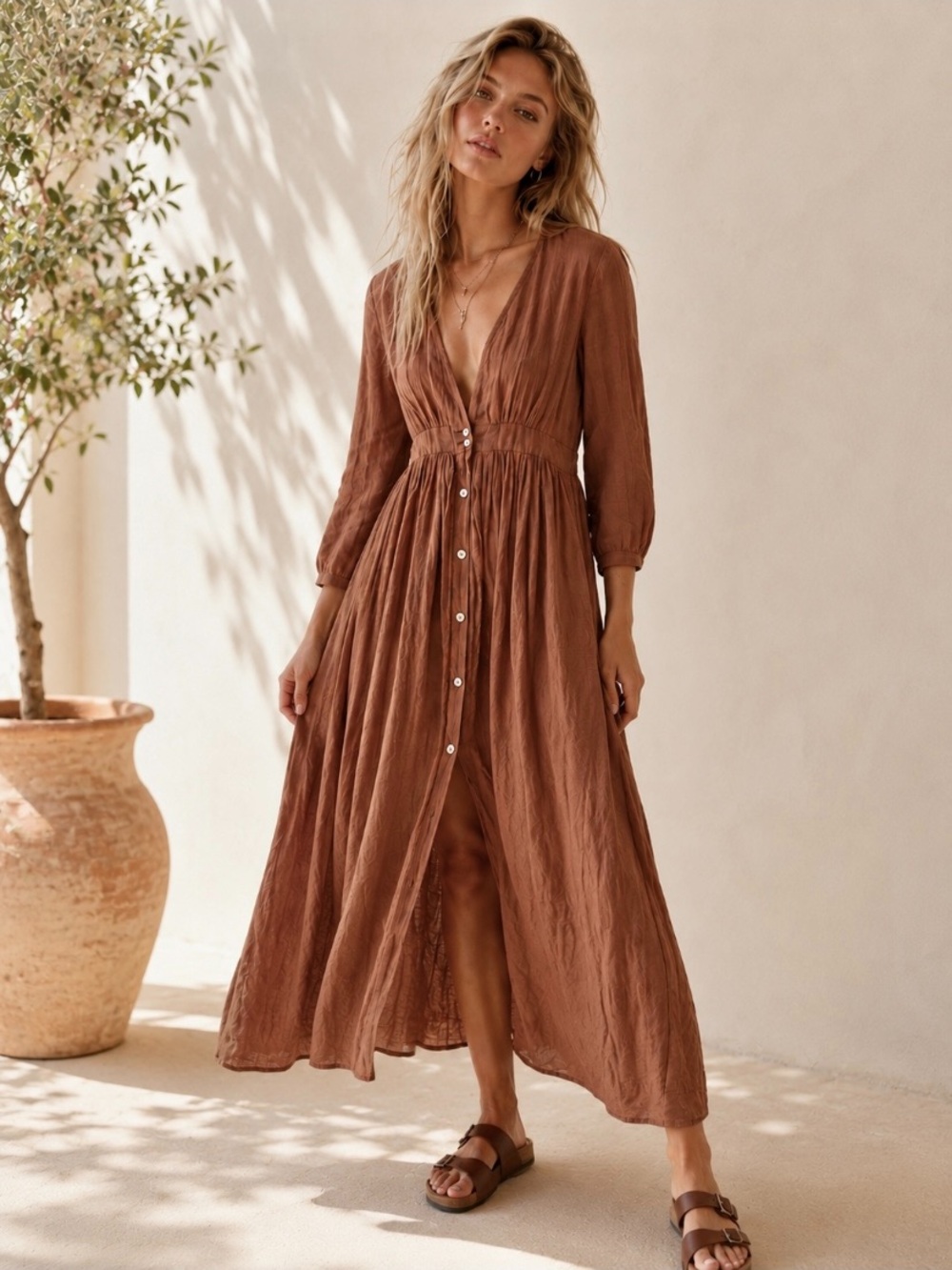 Free People Rust Brown Cotton Maxi Dress Empire Waist Button Front Boho Size XS